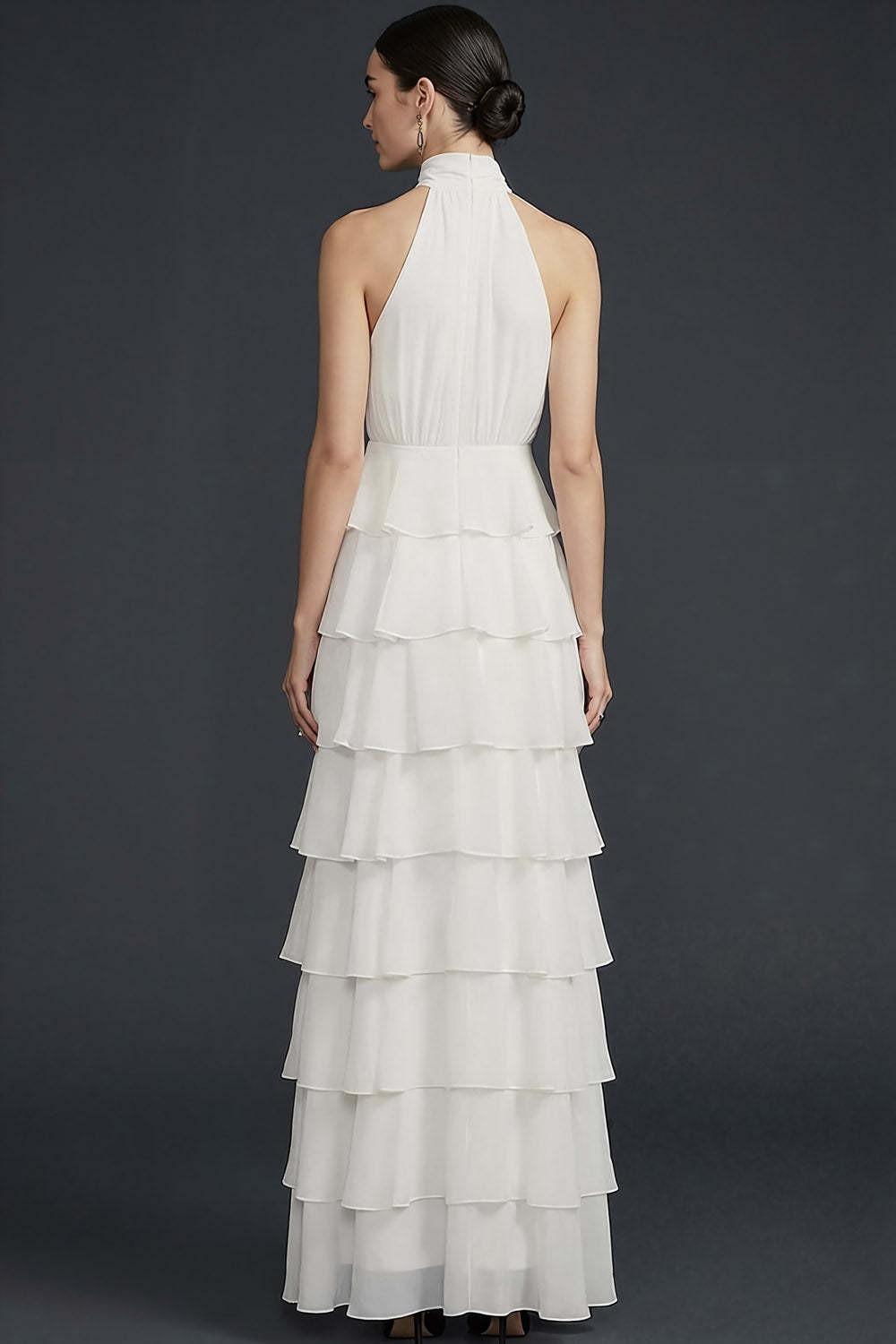 White High Neck Ruffled A Line Maxi Wedding Reception Dress