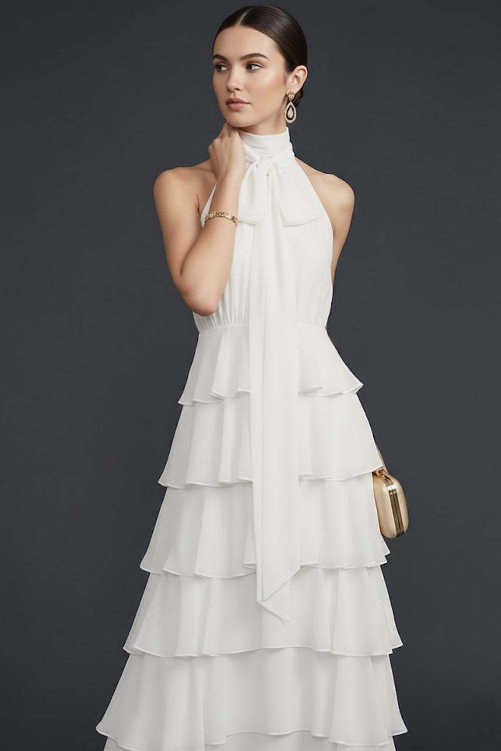 White High Neck Ruffled A Line Maxi Wedding Reception Dress