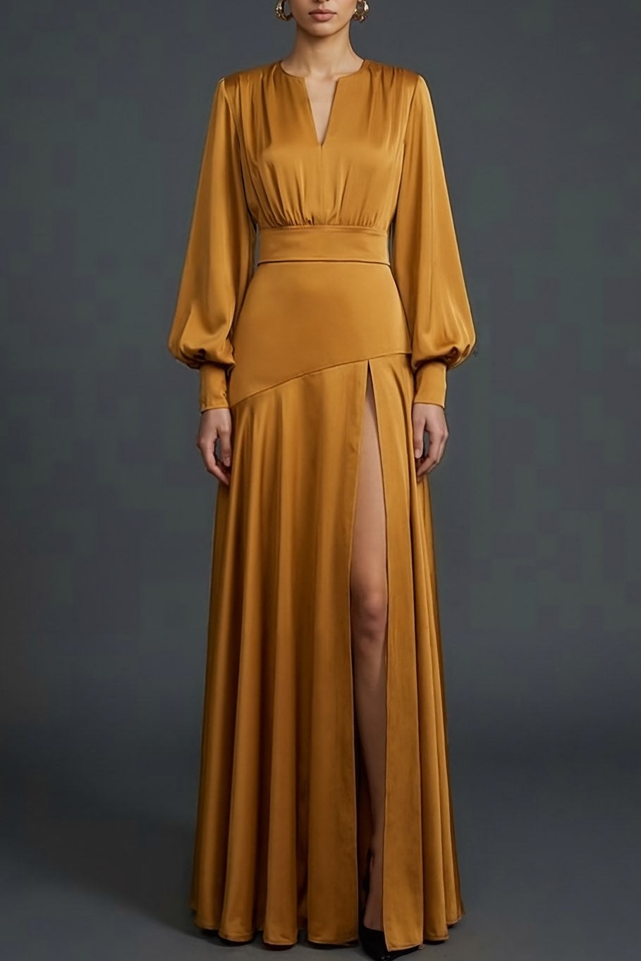 Bronzer Maxi V-Neck Satin Formal Dress with Slit