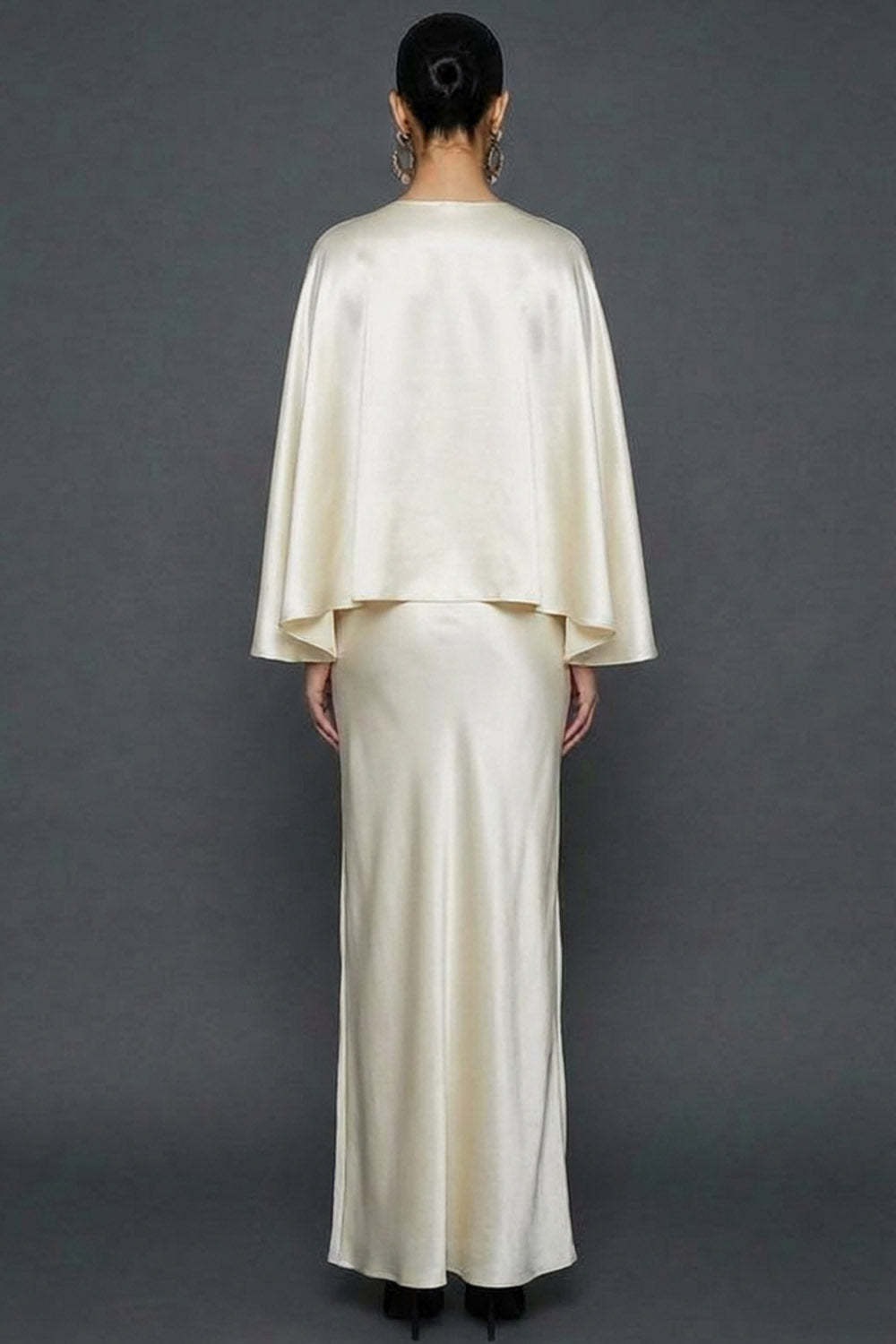 White Mermaid Satin Long White Wedding Reception Dress with Cape