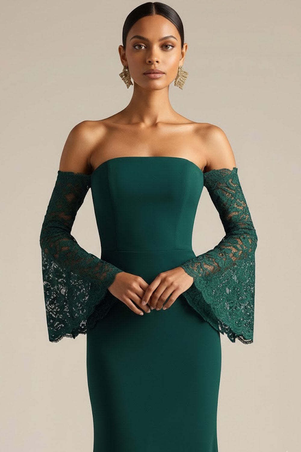 Dark Green Mermaid Maxi Wedding Guest Dress with Flutter Sleeves