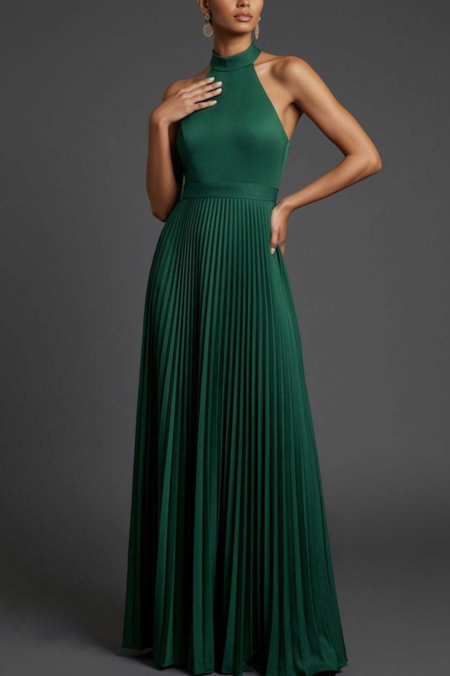 Dark Green Halter Neck Pleated A Line Maxi Formal Dress with Slit