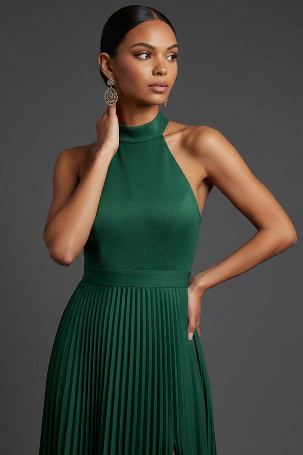 Dark Green Halter Neck Pleated A Line Maxi Formal Dress with Slit