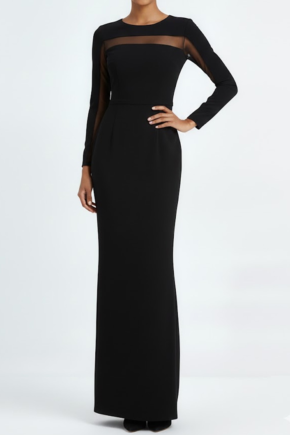 Black Formal Dress Round Neck Long Sleeve Chiffon Maxi Dress