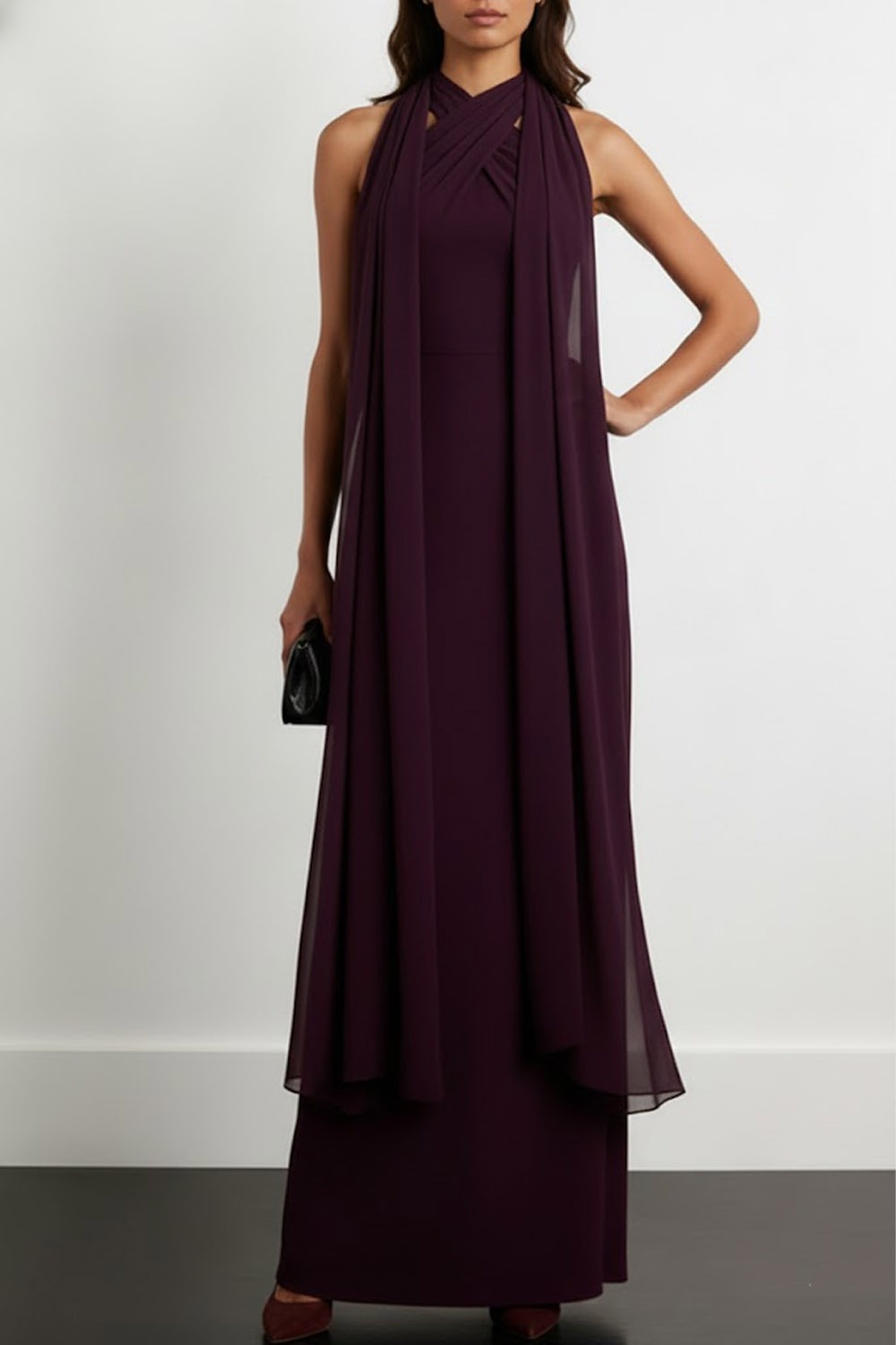 Dark Purple Formal Dress Sheath Halter Maxi Dress with Scarf