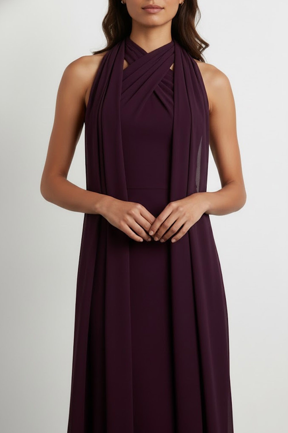 Dark Purple Formal Dress Sheath Halter Maxi Dress with Scarf