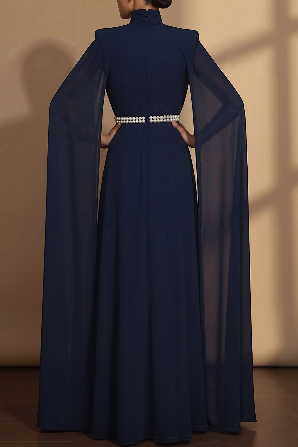 Navy Formal Dress A-Line High Neck Chiffon Maxi Dress with Cape