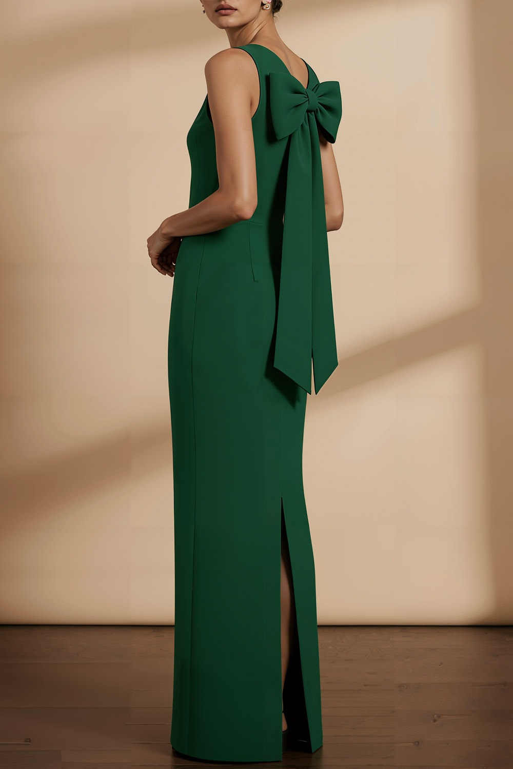 Emerald Green Formal Evening Dress Crew Neck Maxi Dress with Bowknot
