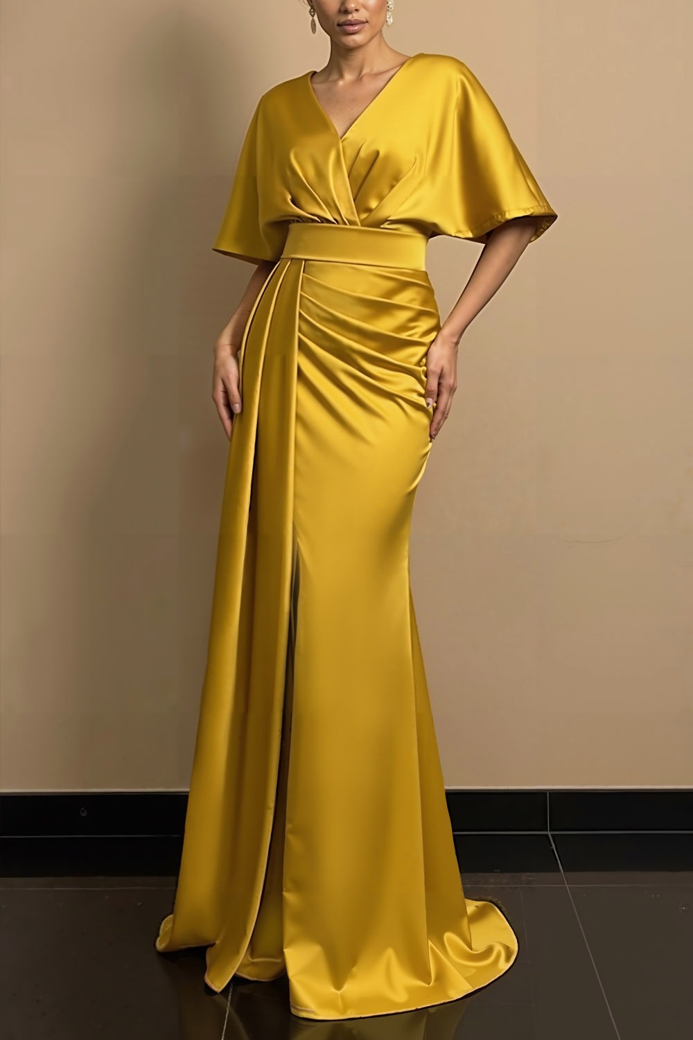 Gold Formal Evening Dress V-Neck Satin Maxi Dress with Slit