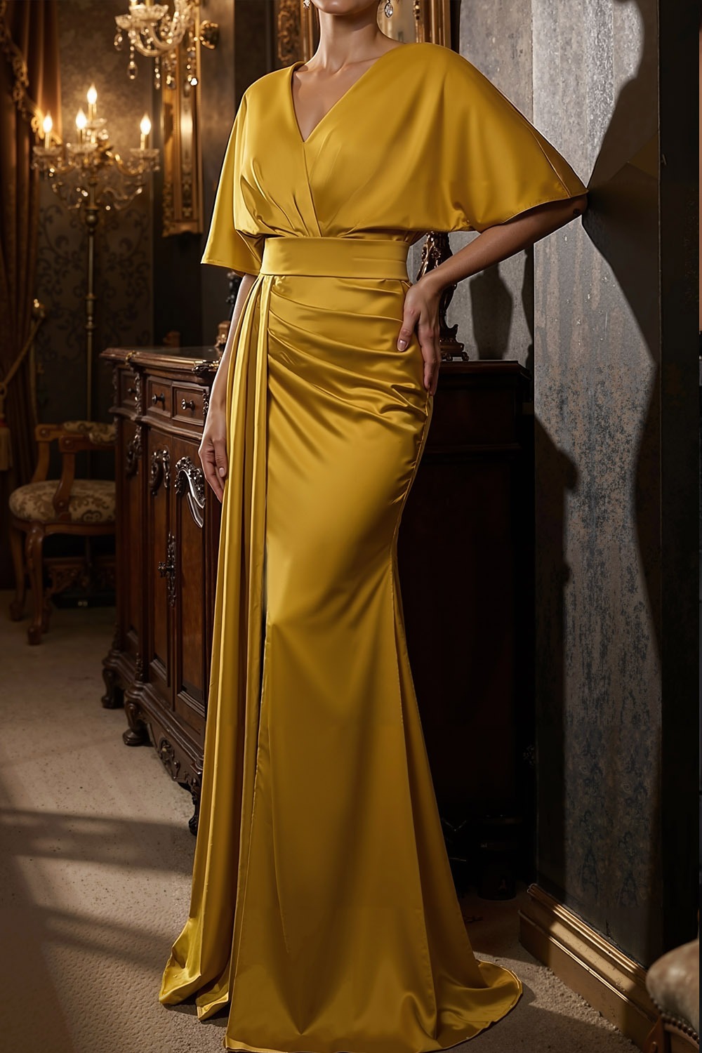Gold Formal Evening Dress V-Neck Satin Maxi Dress with Slit