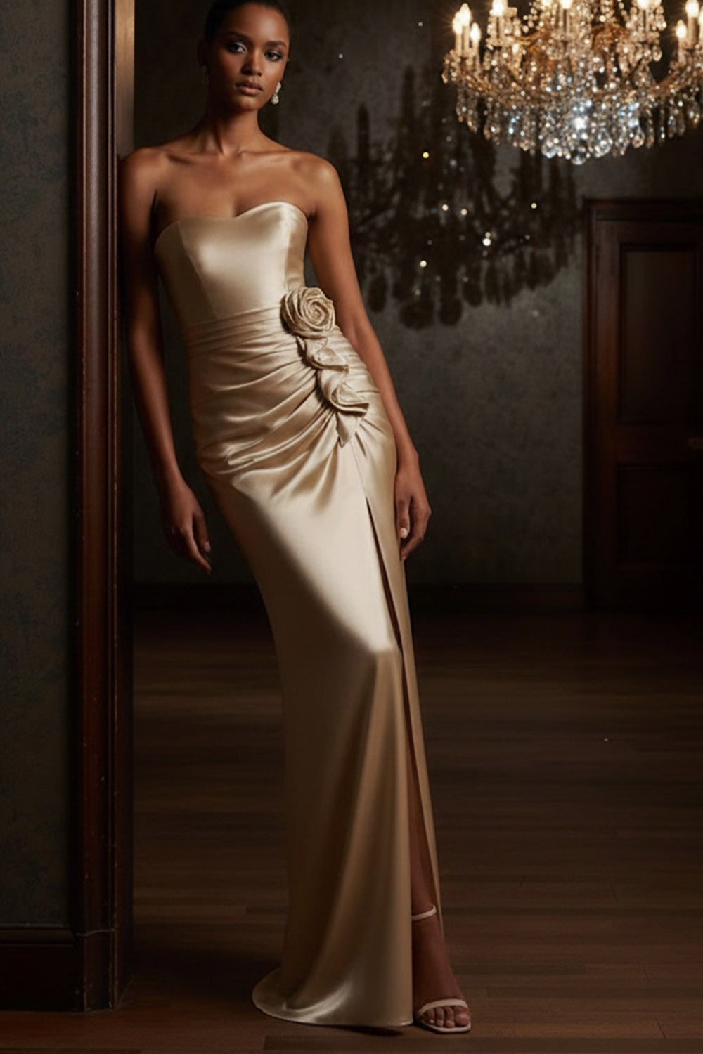 Champagne Formal Evening Dress Strapless Satin Slit Maxi Dress with 3D Flower