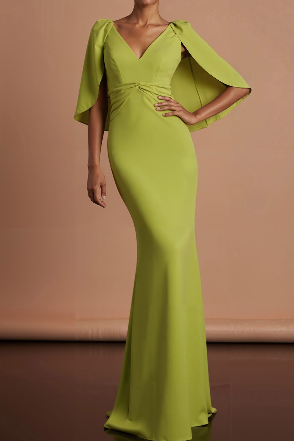 Mustard Green Formal Evening Dress V-Neck Maxi Dress with Cape