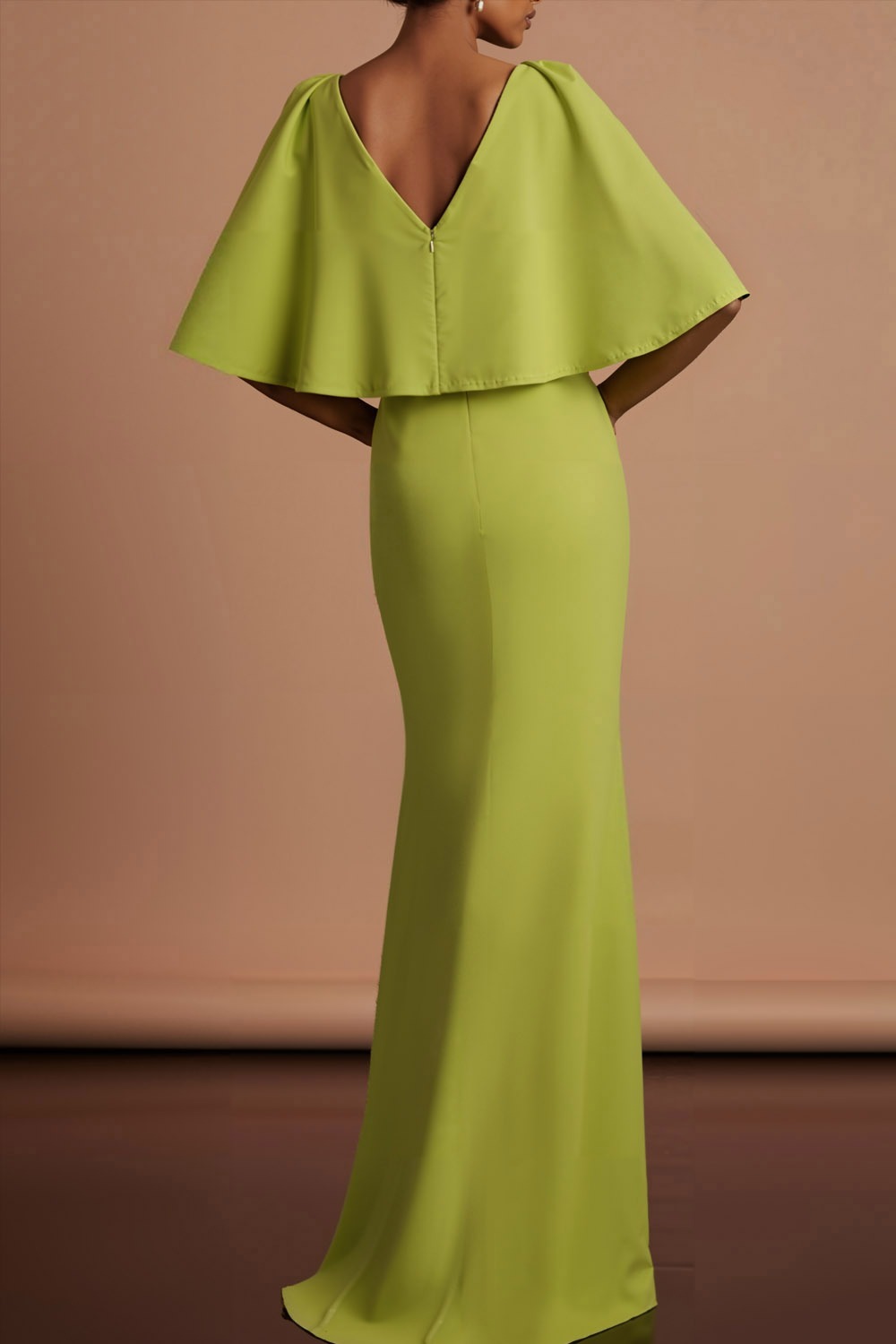 Mustard Green Formal Evening Dress V-Neck Maxi Dress with Cape