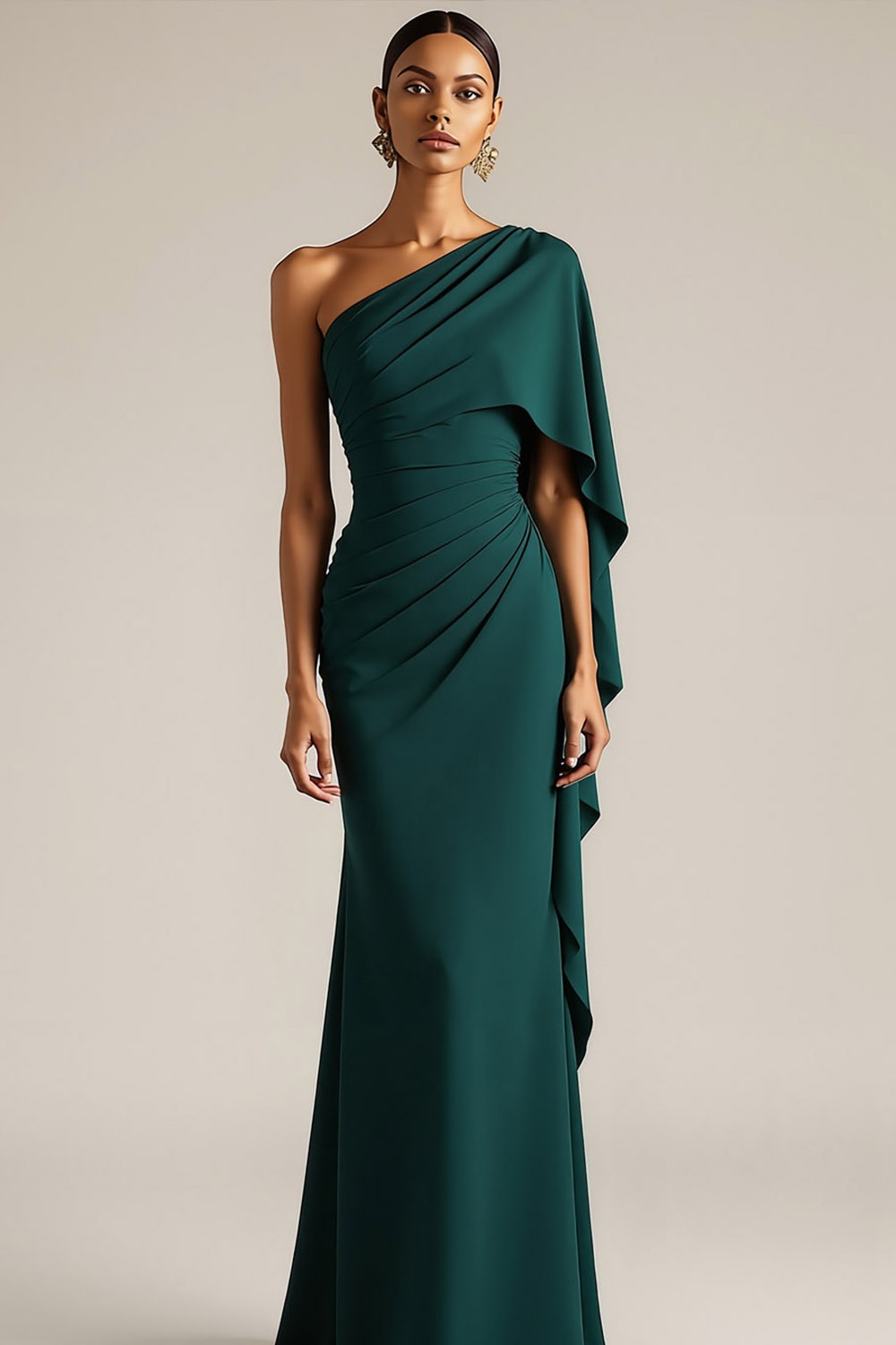 Emerald Green Formal Evening Dress One Shoulder Maxi Dress with Cape