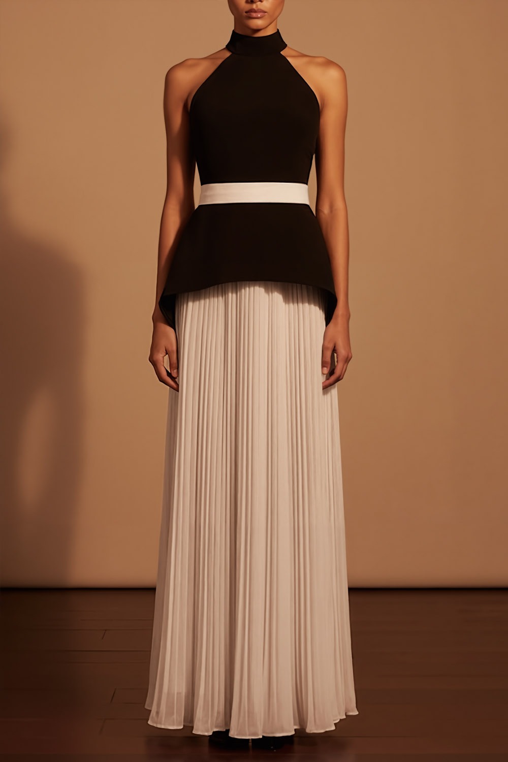 Black Formal Evening Dress A-Line Halter Pleated Belted Maxi Dress