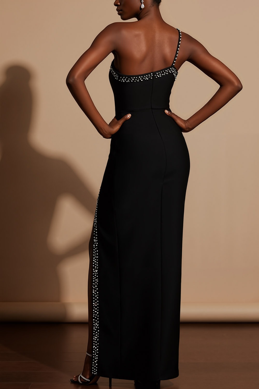 Black Formal Evening Dress One Shoulder Beaded Maxi Dress with Slit