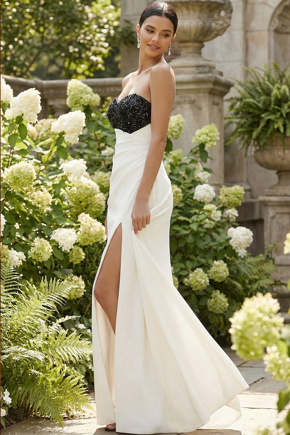 White Formal Dress Sheath Strapless Sequin Maxi Dress with Slit