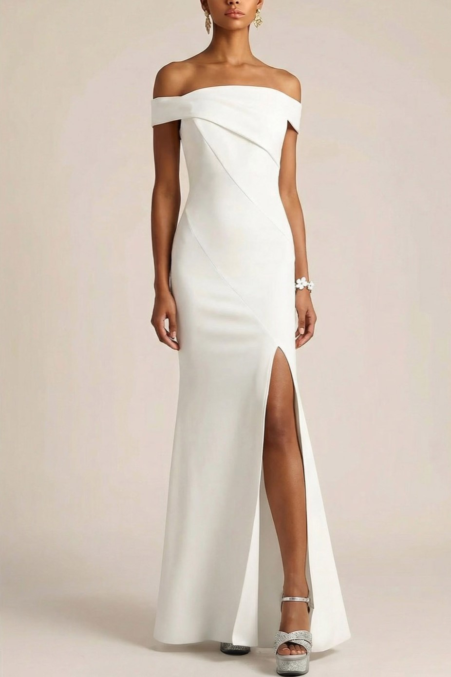White Formal Dress Mermaid Off the Shoulder Maxi Dress with Slit