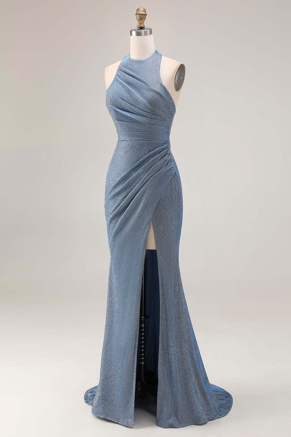 Dusty Blue Mermaid Halter Neck Ruched Maxi Prom Dress with Slit