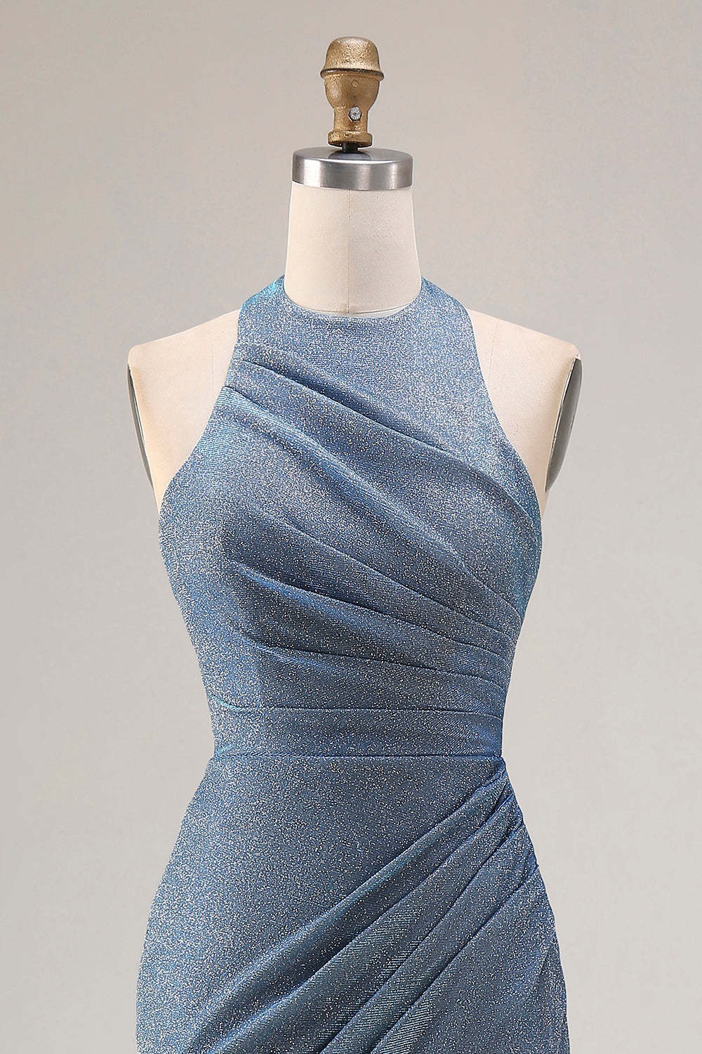 Dusty Blue Mermaid Halter Neck Ruched Maxi Prom Dress with Slit
