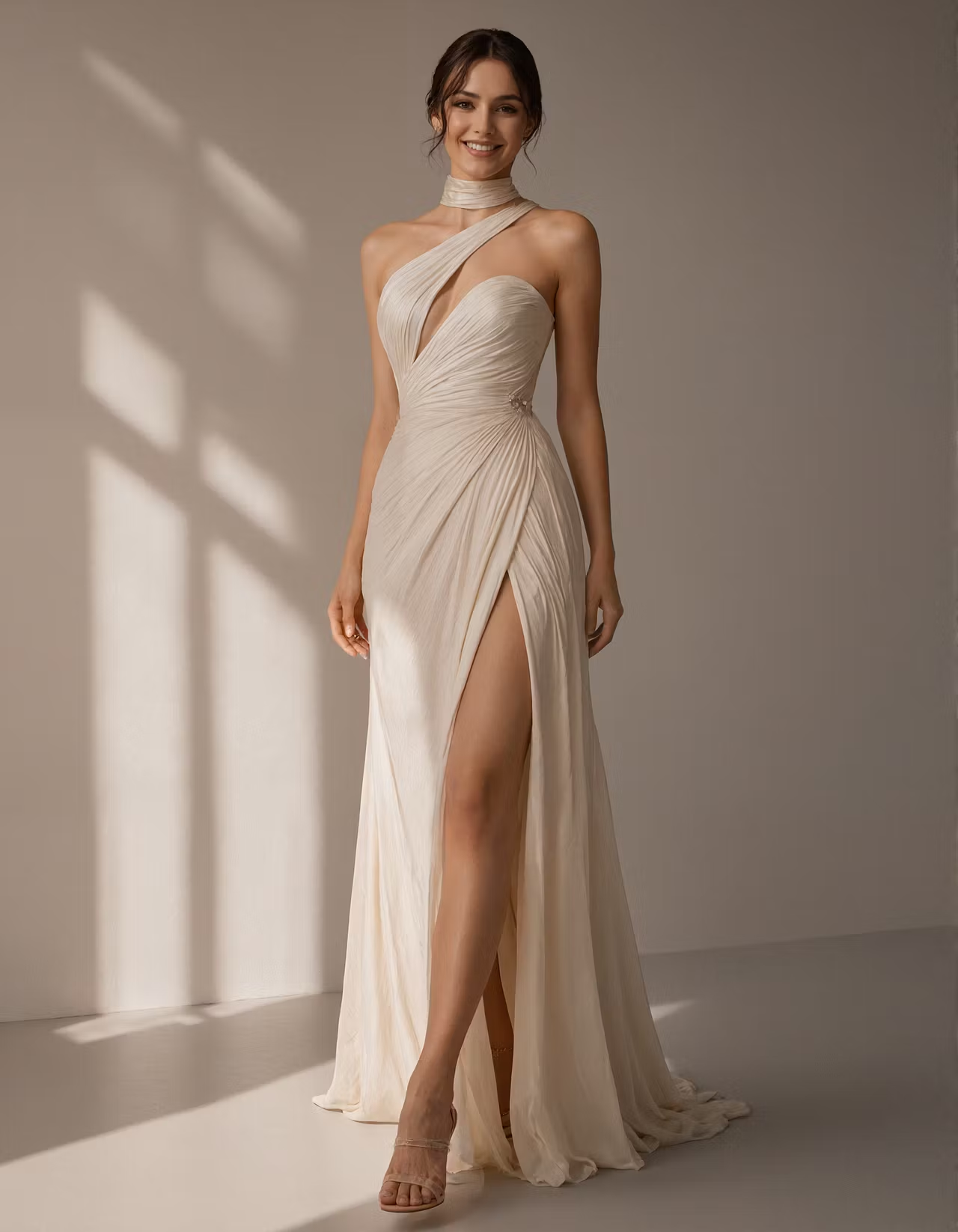 Light Champagne Colored Chiffon Open Back Cutout Maxi Dress