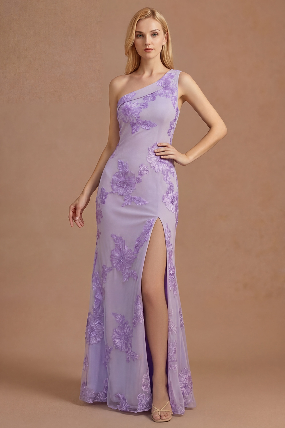 Yellow Mermaid Floral One Shoulder Long Formal Dress with Slit