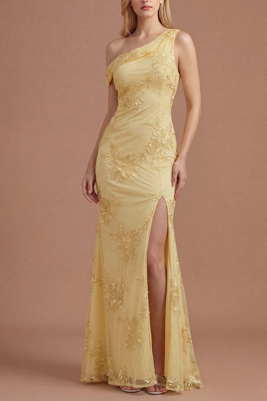 Yellow Mermaid Floral One Shoulder Long Formal Dress with Slit