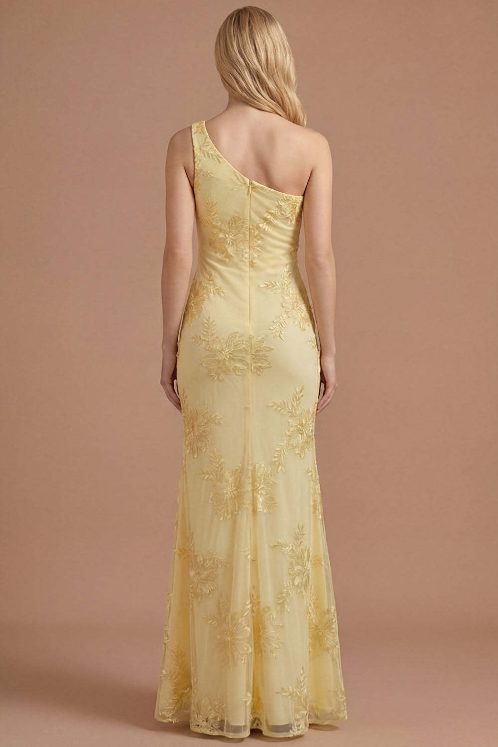 Yellow Mermaid Floral One Shoulder Long Formal Dress with Slit