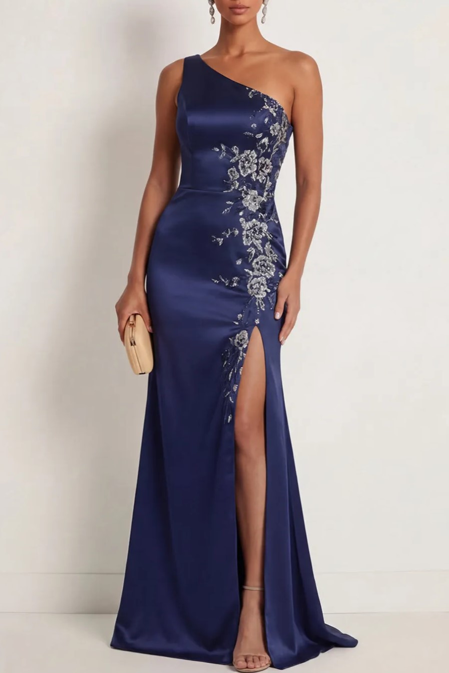 Satin Navy One Shoulder Mermaid Floral Appliqued Maxi Formal Dress with Slit