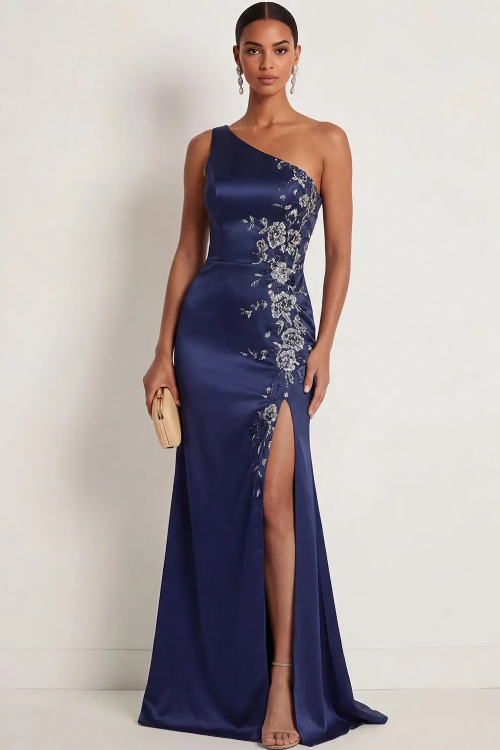 Satin Navy One Shoulder Mermaid Floral Appliqued Maxi Formal Dress with Slit
