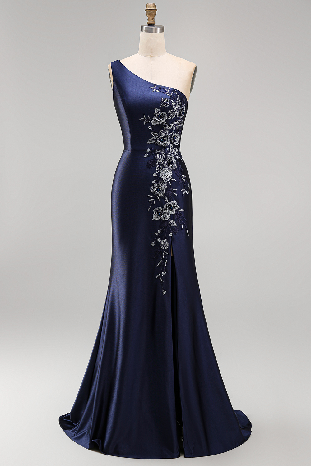 Satin Navy One Shoulder Mermaid Floral Appliqued Maxi Formal Dress with Slit