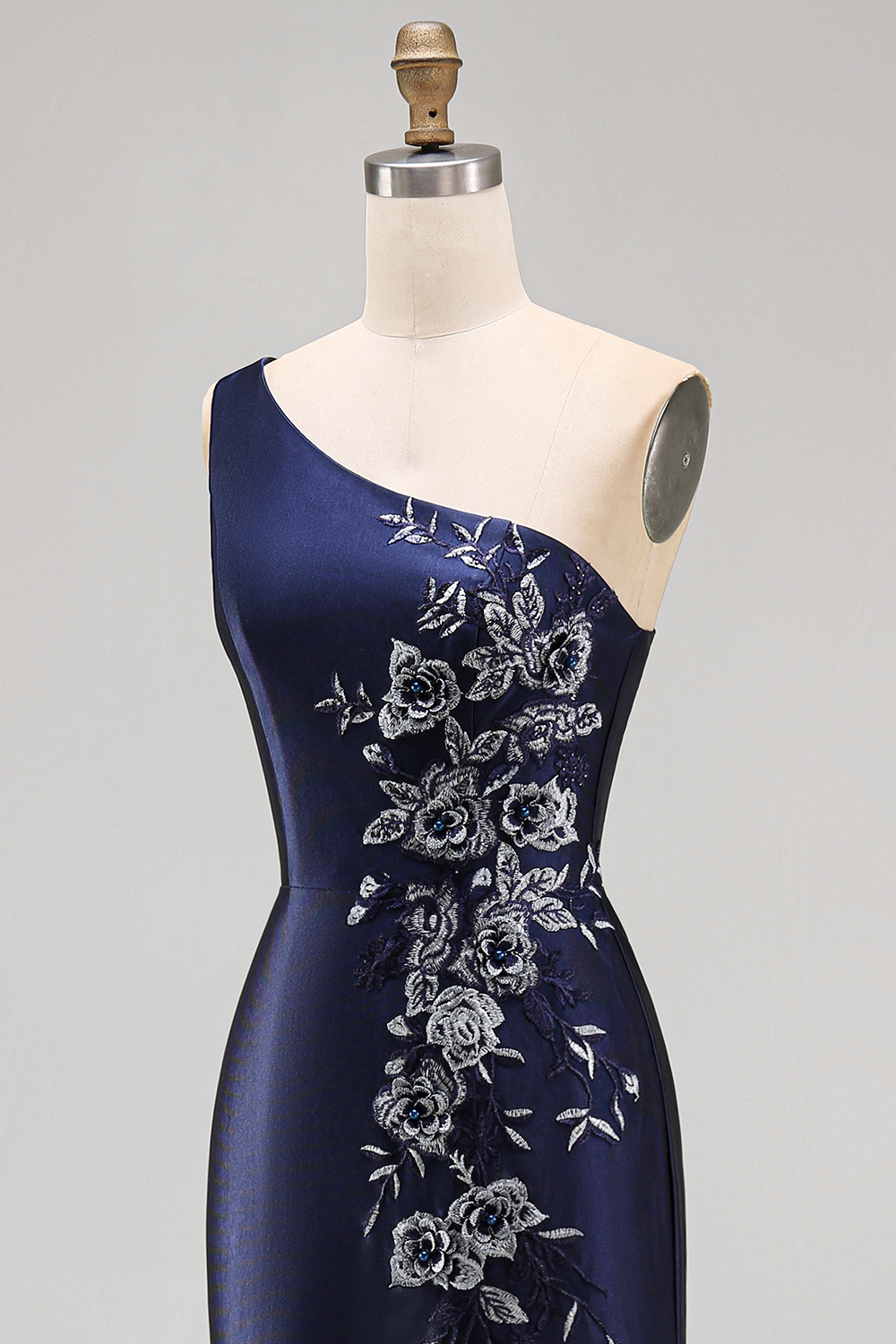 Satin Navy One Shoulder Mermaid Floral Appliqued Maxi Formal Dress with Slit