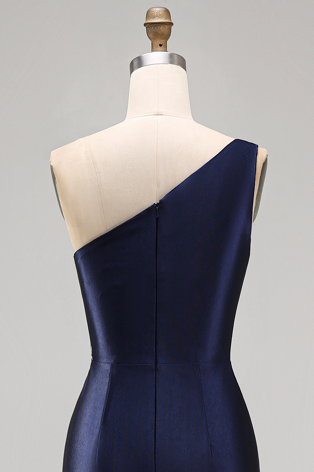 Satin Navy One Shoulder Mermaid Floral Appliqued Maxi Formal Dress with Slit