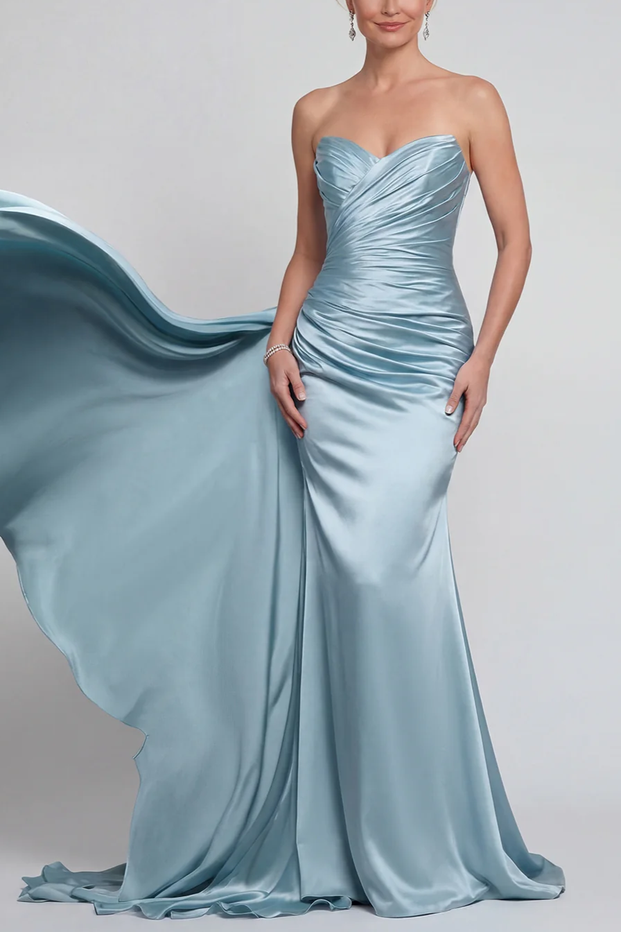Blue Strapless Ruched Long Mermaid Mother of the Bride Dress with Side Cape