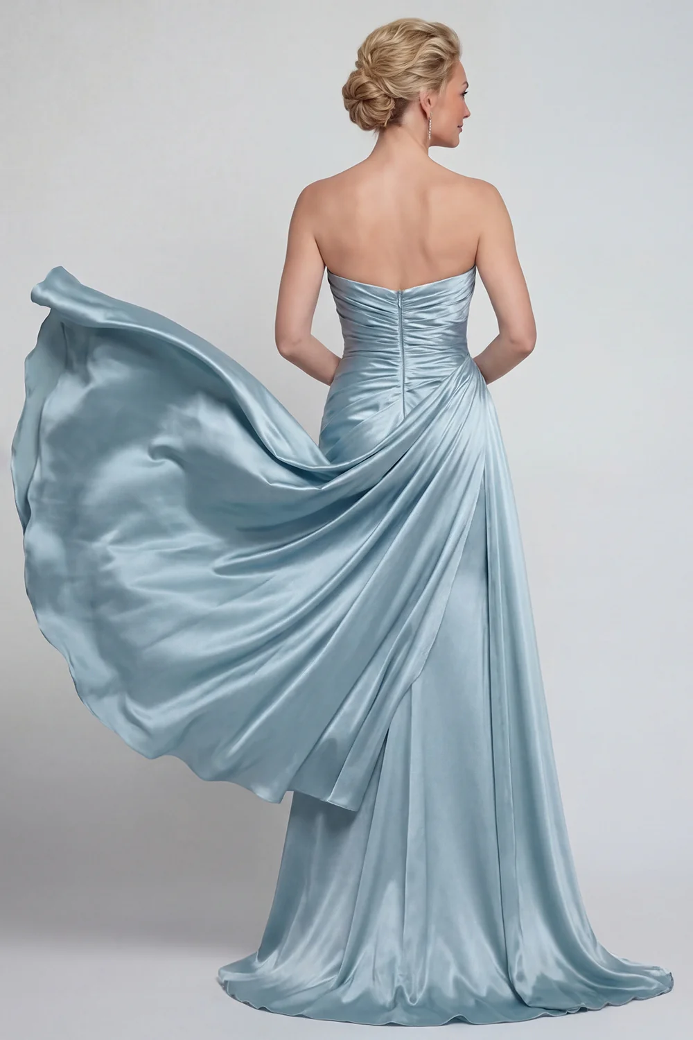 Blue Strapless Ruched Long Mermaid Mother of the Bride Dress with Side Cape