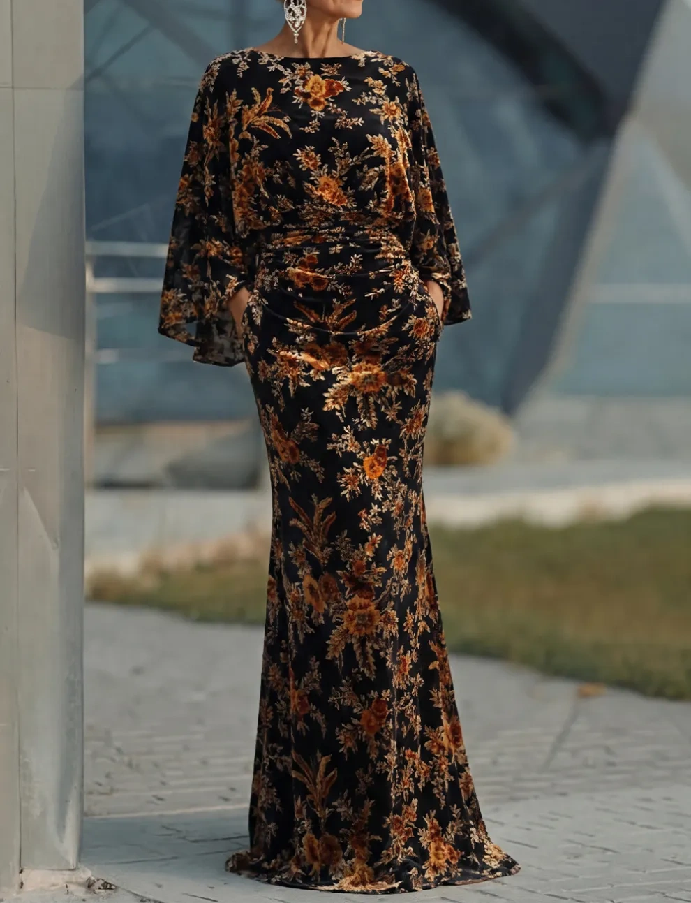 Floral Brown Mermaid Draped Round Neck Long Mother of the Bride Dress