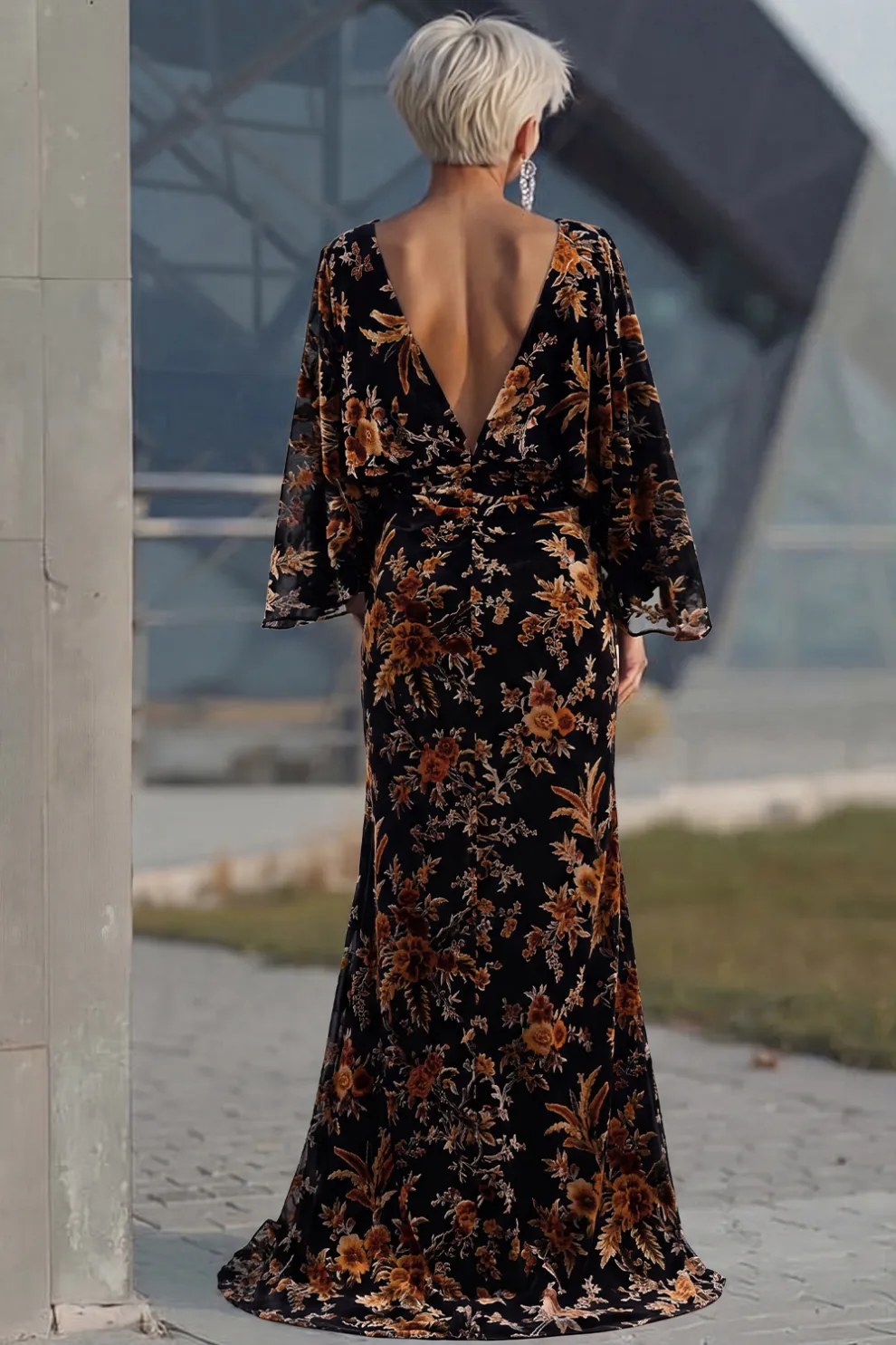 Floral Brown Mermaid Draped Round Neck Long Mother of the Bride Dress