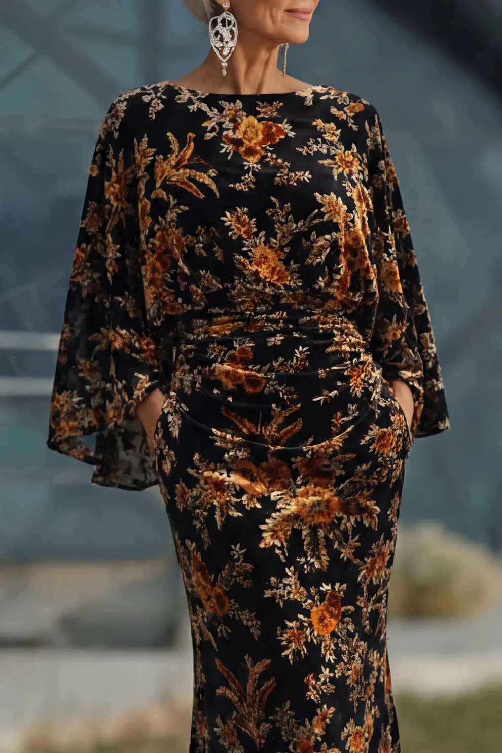 Floral Brown Mermaid Draped Round Neck Long Mother of the Bride Dress