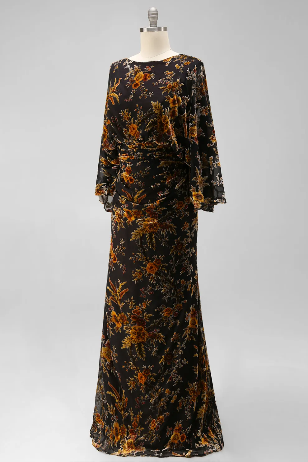 Floral Brown Mermaid Draped Round Neck Long Mother of the Bride Dress