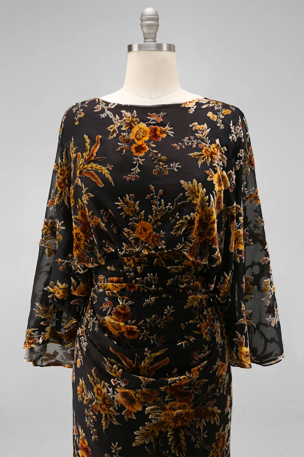 Floral Brown Mermaid Draped Round Neck Long Mother of the Bride Dress