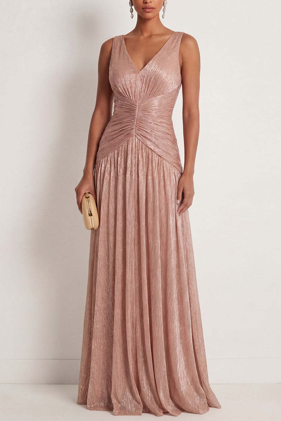 Dusty Rose A Line Ruched V Neck Long Formal Dress