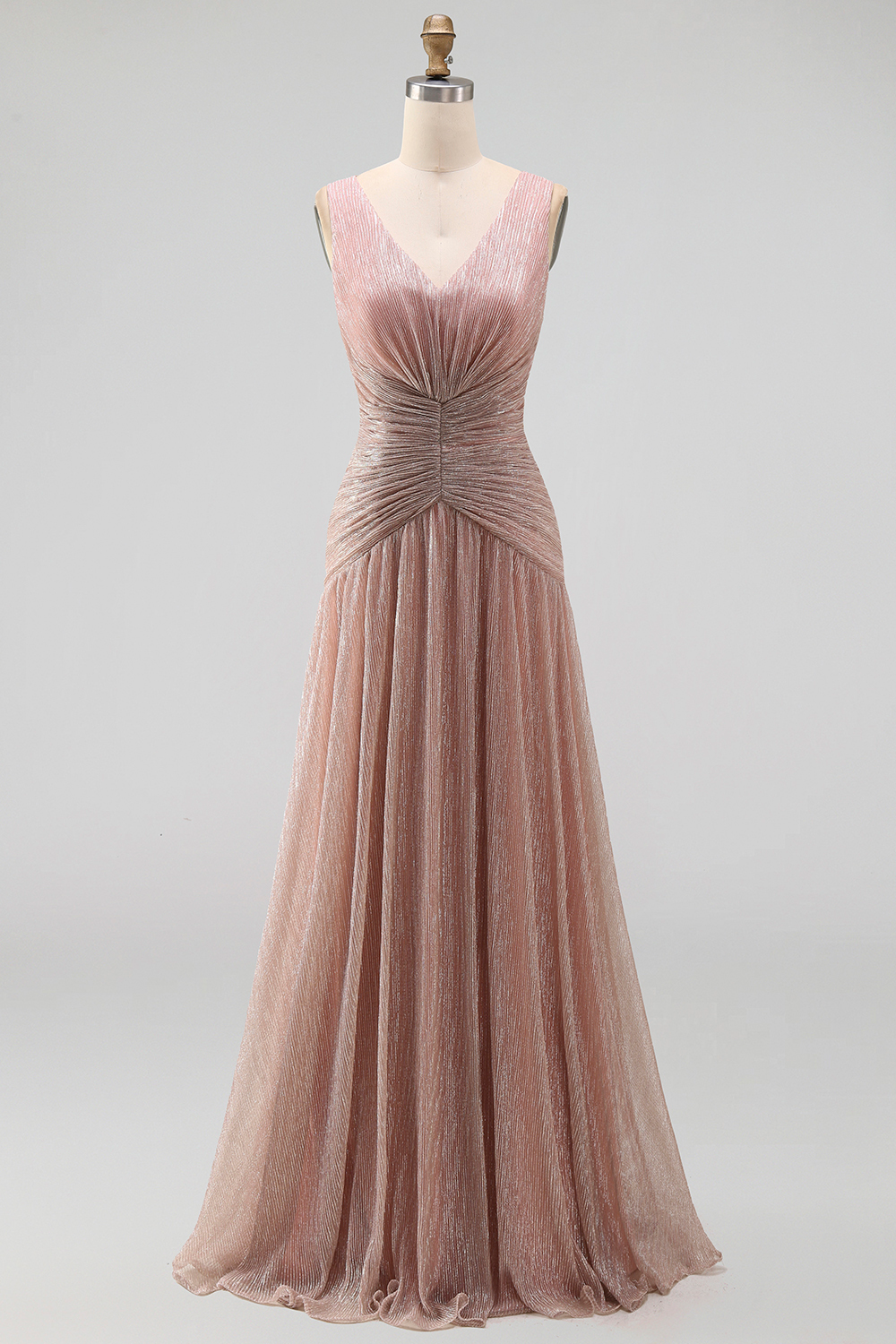 Dusty Rose A Line Ruched V Neck Long Formal Dress