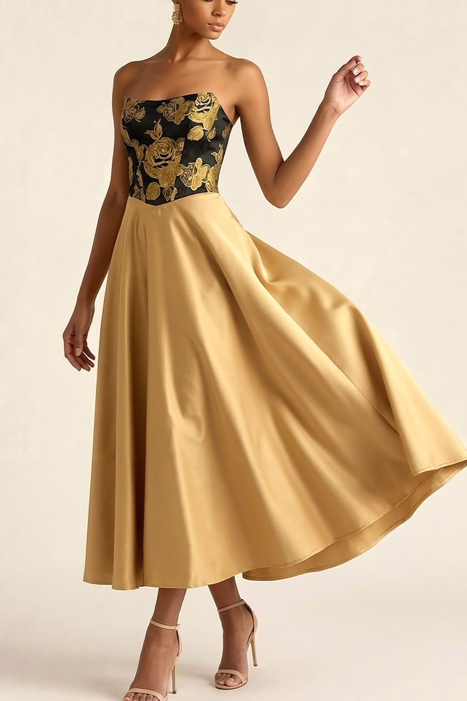 Gold Formal Evening Dress A-Line Strapless Midi Dress