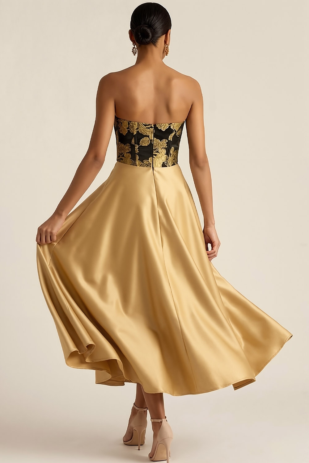 Gold Formal Evening Dress A-Line Strapless Midi Dress