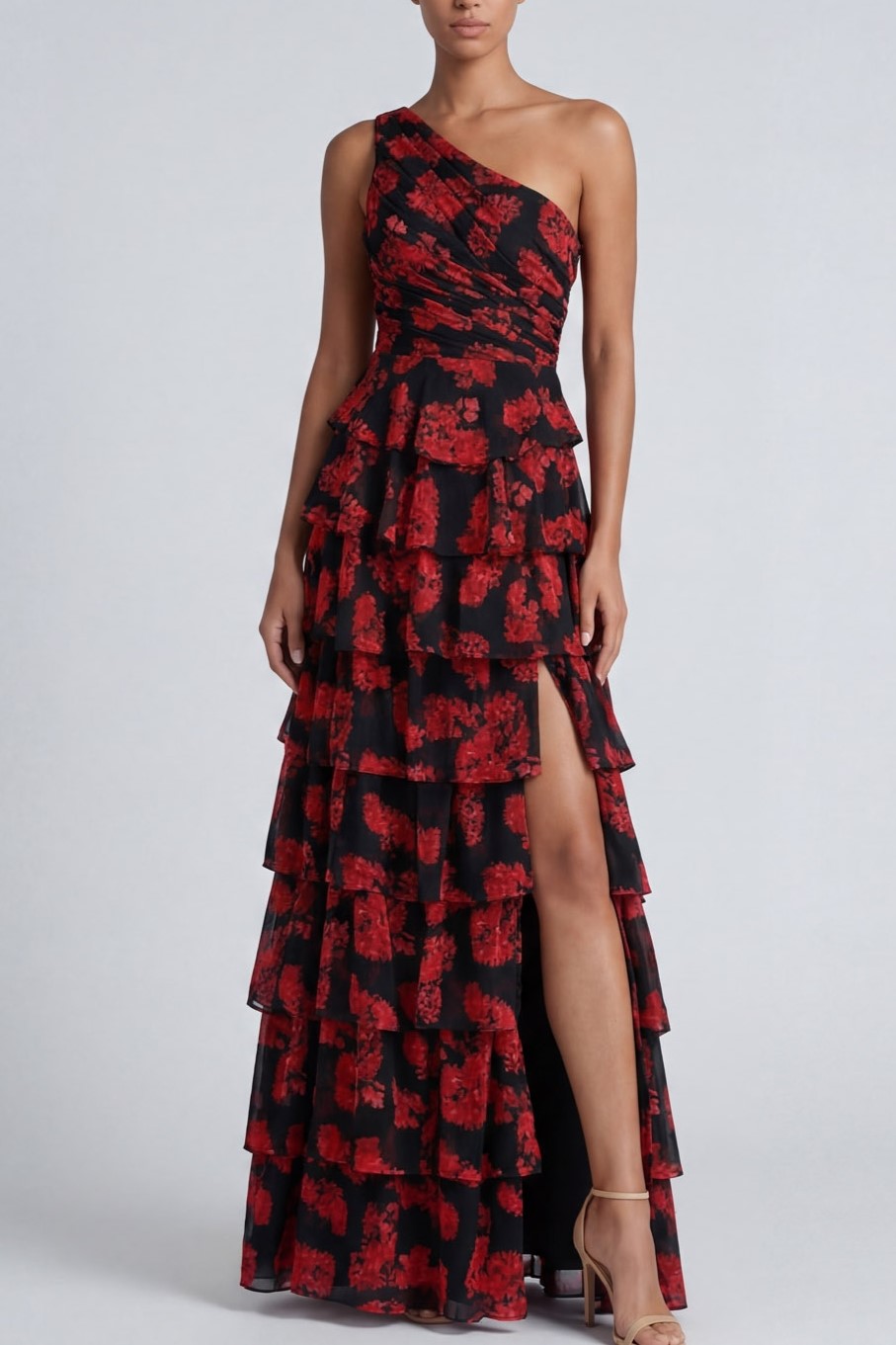 Black Red Flower Wedding Guest Dress One Shoulder Tiered Maxi Dress with Slit