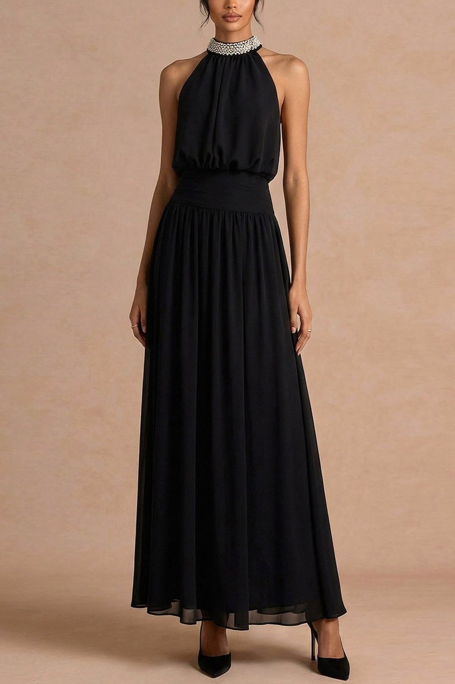 Black Formal Evening Dress A-Line Halter Sleeveless Beaded Maxi Dress
