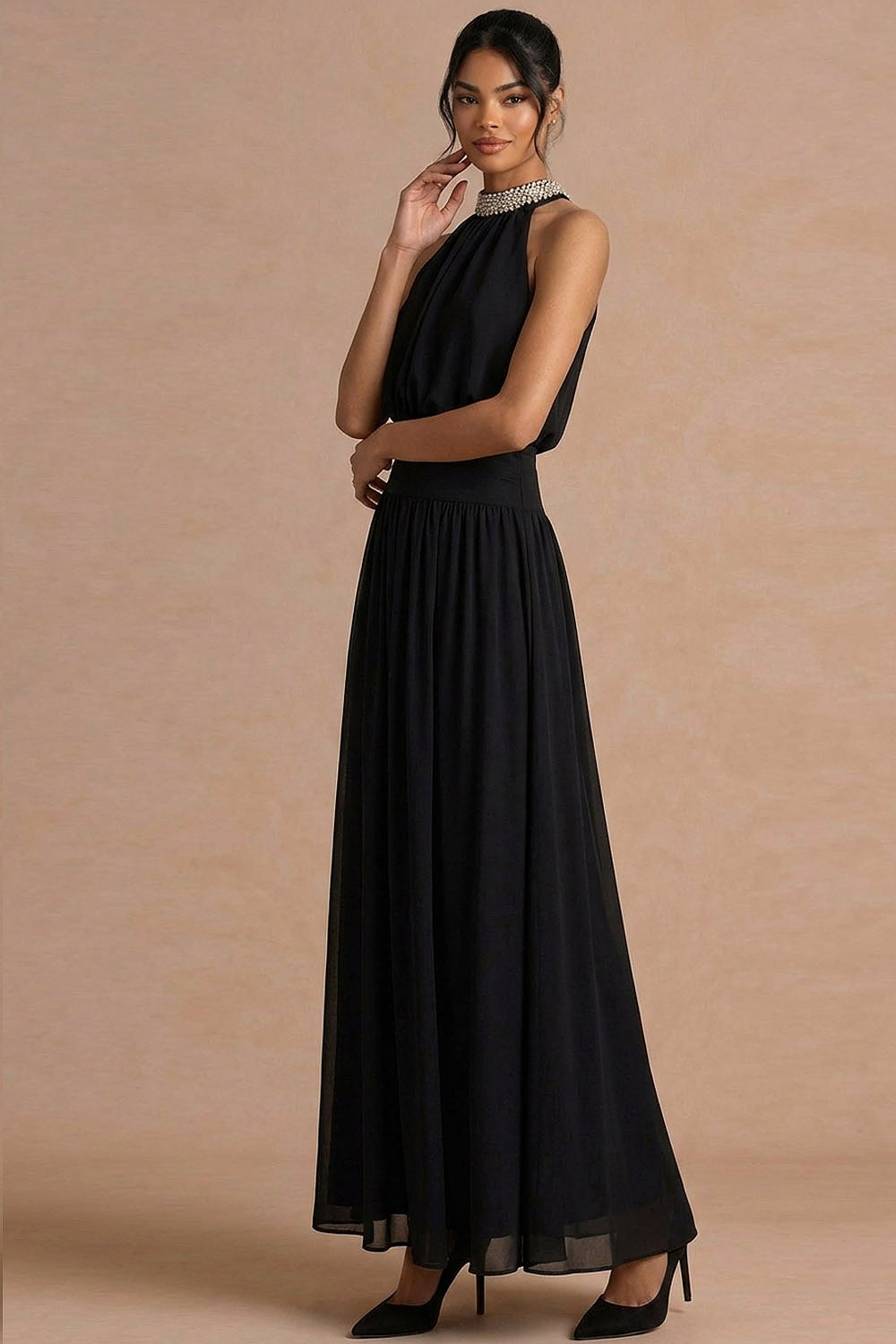 Black Formal Evening Dress A-Line Halter Sleeveless Beaded Maxi Dress