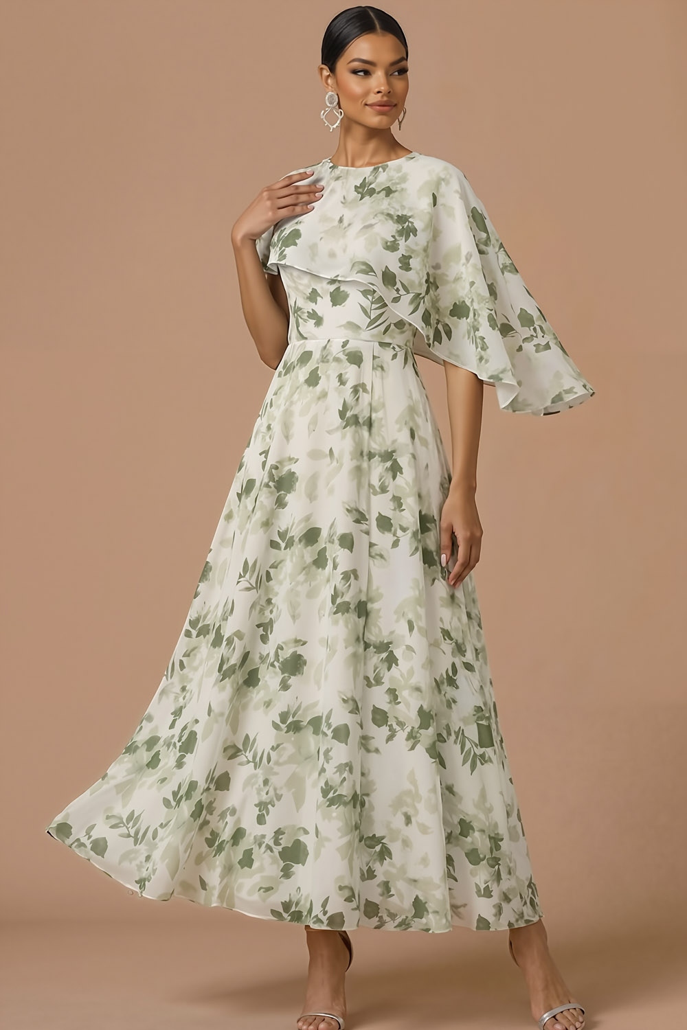 Green Floral Wedding Guest Dress A-Line Maxi Dress with Cape