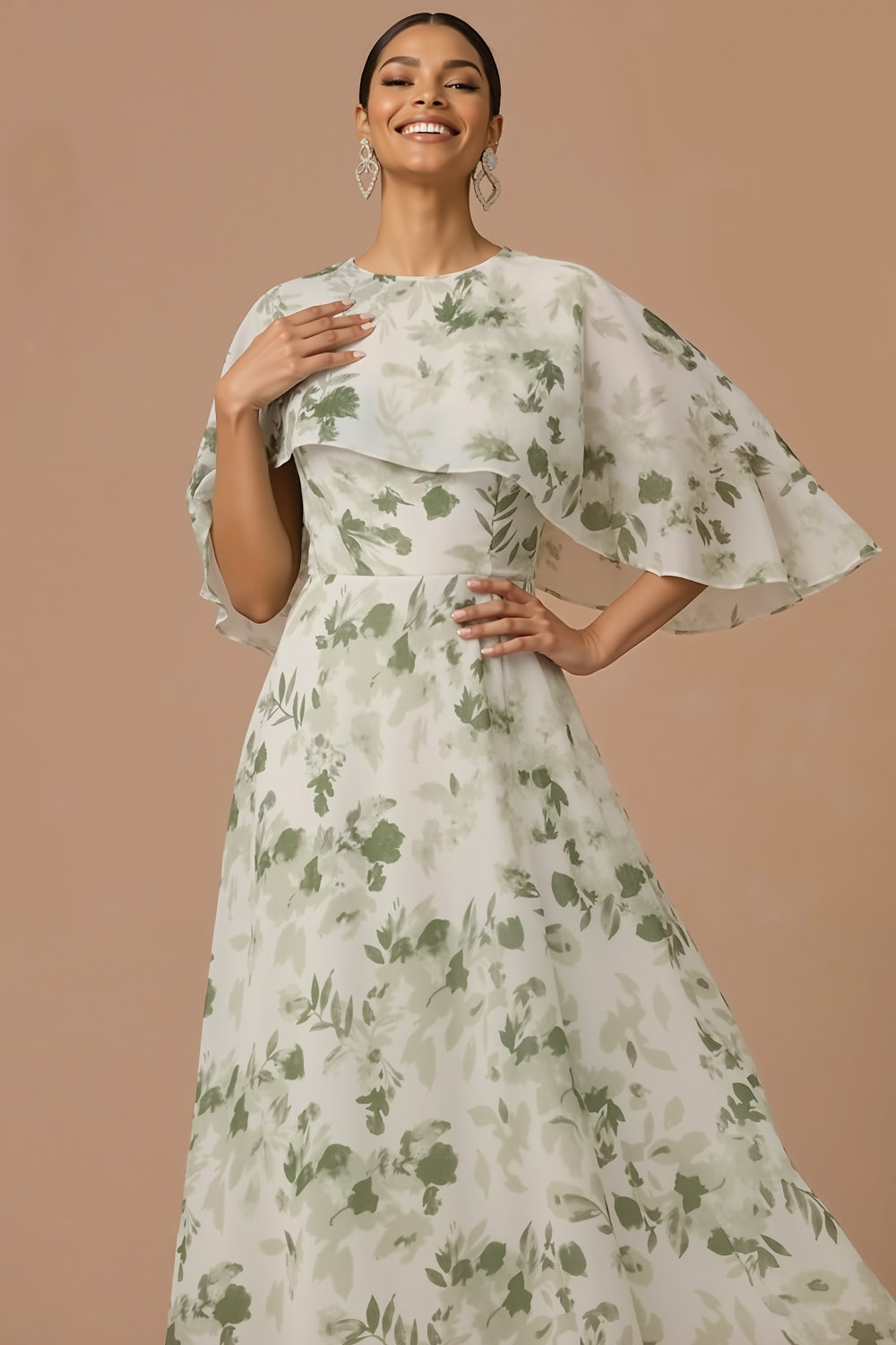 Green Floral Wedding Guest Dress A-Line Maxi Dress with Cape