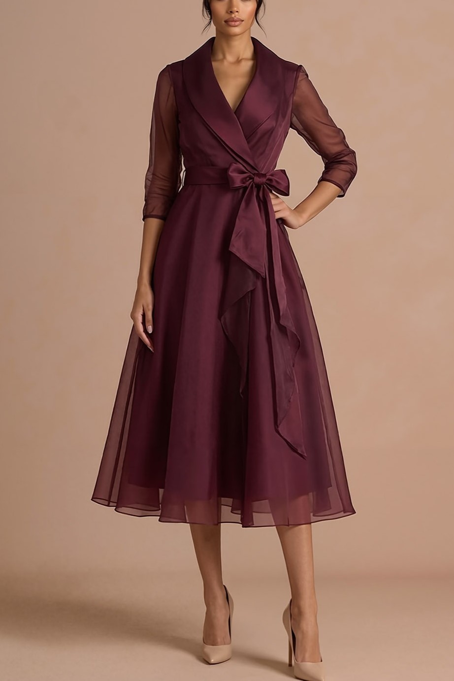Burgundy Formal Evening Dress A-Line Lapel Long Sleeve Midi Dress